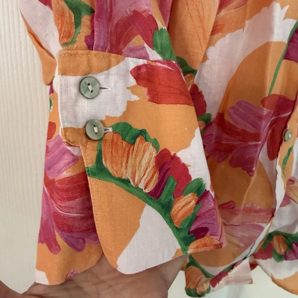 Chicos Blouse 2 (Sz 12) 100% Linen Vibrant Floral 3/4 Sleeve Button Up Wide Cuff
